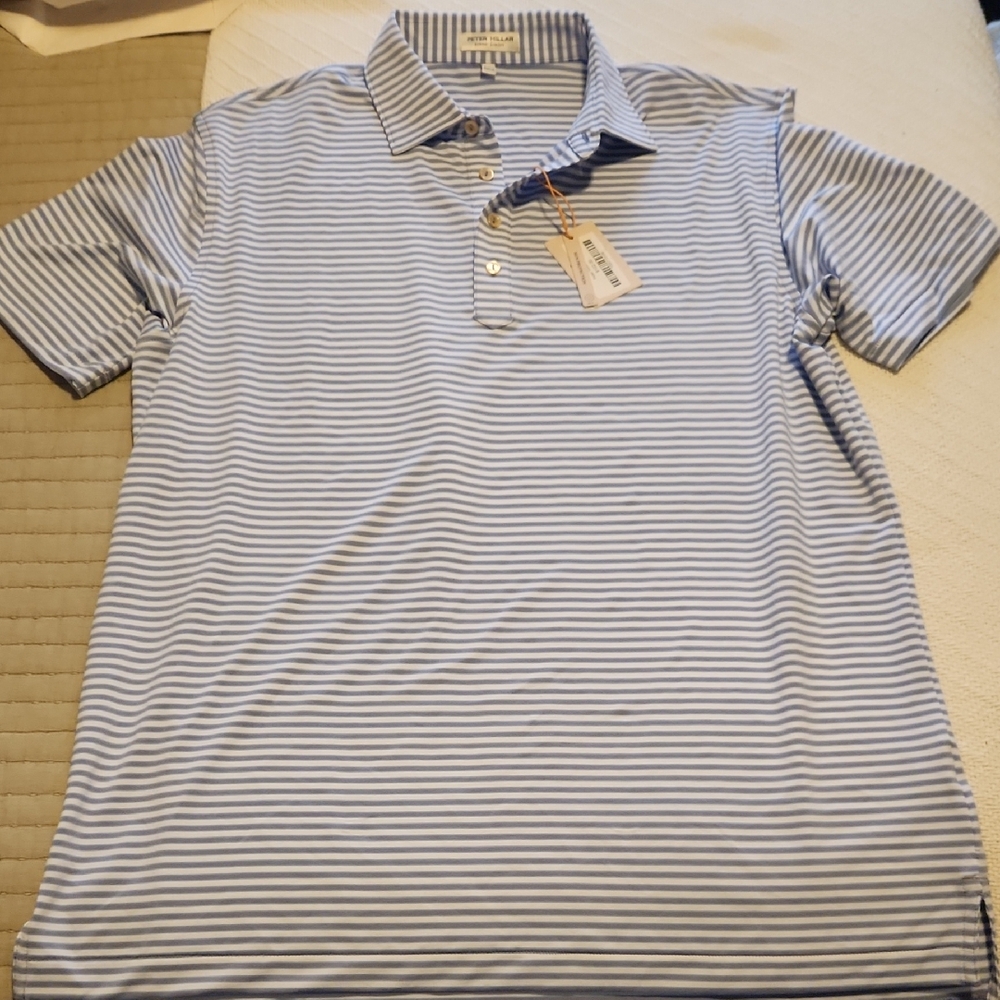 Peter Millar Light Blue and White Striped Polo